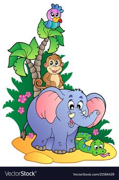 an elephant, monkey and alligator in the jungle