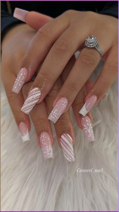 White Candy Nails inspired nails by Genteel Nail Salon. White candy cane nail design | French tip nail art | Sparkly Nails | Glitter Nails | Fall Nails Nails Acrylic For December, French Candy Cane Nails, Christmas Nails Pink French Tip, White And Glitter Christmas Nails, Christmas Nails Latina, Pink And White Candy Cane Nails, Gold And Pink Christmas Nails, Acrylic Nails French Tip Glitter, Pink Acrylic Nails Christmas