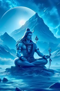 the god sitting on top of a rock in front of a mountain with water and rocks