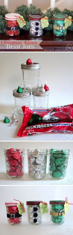 three pictures of jars with candy and candies in them sitting on top of a shelf