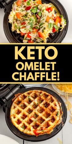 the keto omelet chaffle is served in a cast iron skillet