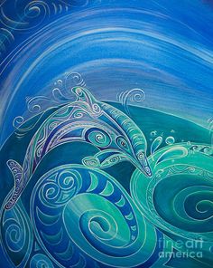 an abstract painting with swirls and waves in blue, green and white colors greeting card