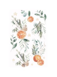 watercolor painting of oranges, pine cones and leaves on a white paper background