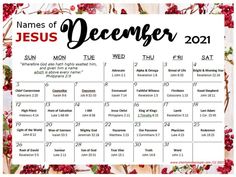 a calendar with the names of jesus on it and flowers in red, white and green