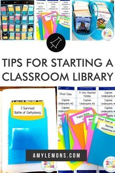 a classroom library with colorful binders and folders on it, text reads tips for starting a classroom library