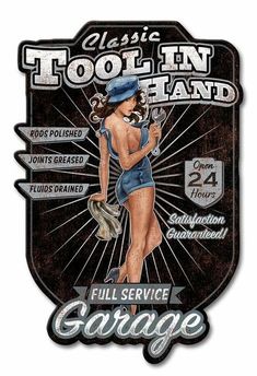 an old style garage sign with a pin up girl holding a baseball glove and ball