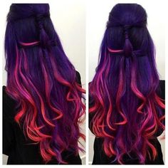 So beautiful it looks like a sunset! Hair With Purple, Sunset Hair, Peekaboo Hair, Cute Hair Colors, Rainbow Hair Color, Hair Color Purple, Pretty Hair Color, Bright Hair, Ombre Hair Color