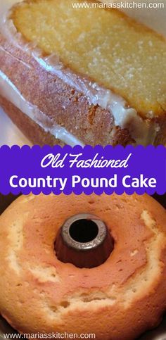 old fashioned country pound cake with white icing and frosting on top, next to a bundt cake