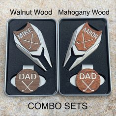 two personalized wood golf club sets in a box with the words, dad and son written on them