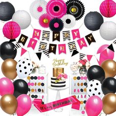 a birthday party with black, white and pink decorations