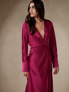 Petite Etude Silk Maxi Dress | Banana Republic Satin Dress Sewing, Soft Dramatic Style, Dresses With Black Tights, Magenta Dress, White Wrap Dress, Zebra Print Dress, Fuchsia Dress, Dramatic Style, Flowy Mini Dress