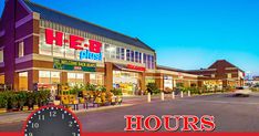 a clock on the side of a road in front of a store with hours remaining