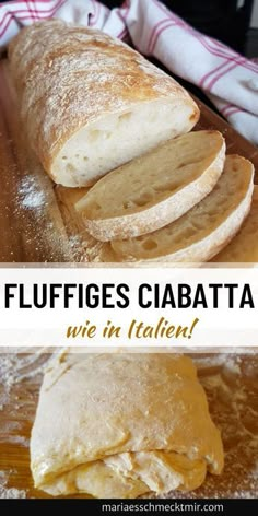 a close up of bread on a cutting board with the words fluffles ciabatta we're in italian