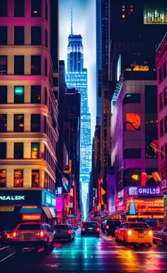 a city street filled with lots of traffic and tall buildings in the background at night