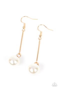 An oversized white pearl delicately links to the bottom of a sleek gold rod, adding a timeless twist to the classic pearl palette. Earring attaches to a standard fishhook fitting. Sold as one pair of earrings. Vintage Paparazzi, Accessories Website, White Pearl Earring, Vip Group, Independent Consultant, Gold Pearl Earrings, Paparazzi Accessories, Paparazzi Jewelry, Gold Pearl