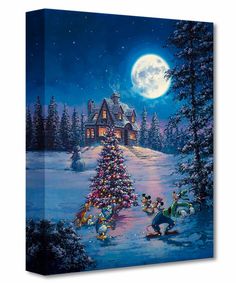 a christmas tree with mickey mouse and friends on it in front of a house at night