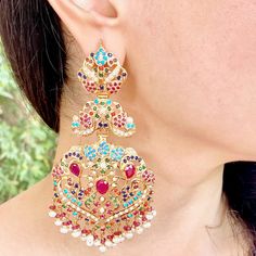 premium navratna earrings online Heavy Navratri Drop Earrings, Gold Bohemian Earrings For Navratri, Ornate Meenakari Drop Earrings, Luxury Ornate Meenakari Earrings, Gold Meenakari Bohemian Earrings, 22k Gold Jewelry Necklaces, 22k Gold Jewelry, Pearl Necklace Set, Gold Jewelry Necklace