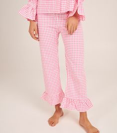 LONG TROUSERS SIESTA Cotton Pants For Spring Sleepover, Spring Plaid Loungewear Pants, Spring Sleep Bottoms In Pink, Spring Gingham Loungewear Bottoms, Gingham Bottoms For Spring Loungewear, Pink Cotton Sleep Bottoms, Cotton Ruffle Long Pants, Pink Long Pants For Daywear, Spring Loungewear Pants With Ruffles