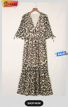 Leopard Print Drawstring V Neck High Waist Long Dress Summer Vacation Maxi Dress With Drawstring, Casual Drawstring Maxi Dress For The Beach, Casual Beach Maxi Dress With Drawstring, Casual Maxi Dress With Drawstring For Beach, Summer Maxi Dress With Drawstring For Day Out, Summer Maxi Dress With Drawstring For Spring, Spring Summer Maxi Dress With Drawstring, Spring/summer Maxi Dress With Drawstring, Spring Brunch Drawstring Maxi Dress