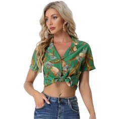 A great shirt to be paired with shorts or jeans. Enjoy the summer with the help of the Hawaiian leaf-printed shirt. Lend a touch of charm to your new season wardrobe with this shirt. Whether on carnivals, festivals, vacations, on the beach, or even at a theme party, you will certainly receive many compliments. Suitable for wearing to the beach. Trendy Green Floral Print Shirt, Spring Printed Green Camp Shirt, Green Printed Camp Shirt For Spring, Tropical Summer Tops With Button Closure, Summer Tropical Tops With Button Closure, Spring Green Tops With Camp Collar, Spring Green Blouse With Camp Collar, Green Printed Short Sleeve Shirt For Spring, Green Camp Collar Blouse For Summer