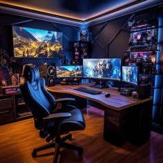 a computer desk topped with two monitors and a keyboard sitting on top of a hard wood floor