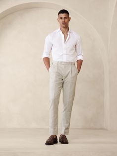 Arroyo Cotton-Linen Suit Pant | Banana Republic Mens Wedding Guest Outfit, Wedding Guest Outfit Men, Semi Formal Wedding Attire, Wedding Guest Men, Linen Pants Suit, Beach Formal, Formal Wedding Attire, Casual Wedding Attire, Rehearsal Dinner Outfits