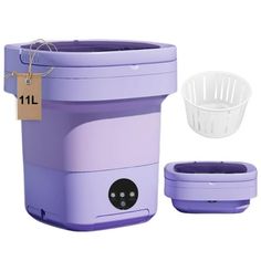 an image of a purple ice cream dispenser and bowl set with tags on it