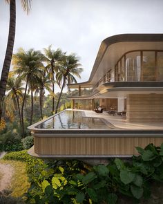 the house is surrounded by palm trees and has a large pool in front of it