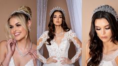 three photos of women wearing tiaras and dresses