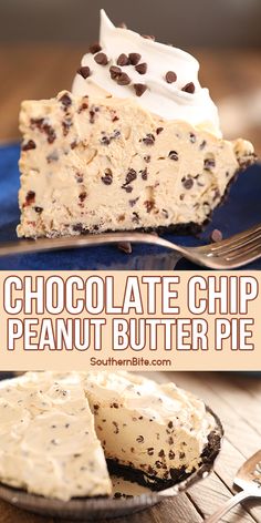 chocolate chip peanut butter pie on a plate with a slice missing from it and the title overlay reads, chocolate chip peanut butter pie