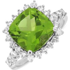 Royal 14K White Gold Ring with Cushion-Cut 4.20 Carat Peridot and 0.65 Carat Diamond Halo 3d Square, Peridot Color, Beautiful Pearl Necklace, Gold Cushions, Halo Design, White Gold Set, Mens Chain Necklace, Peridot Ring, Green Peridot