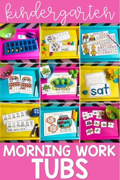 a collage of pictures with the words, morning work tubs and numbers on them