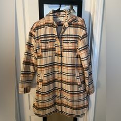 Never Worn. Plaid Shacket. Perfect For Fall. Size Xsmall But Fits Oversized. Orange Button-up Outerwear For Winter, Orange Button-up Winter Outerwear, Orange Button-up Outerwear With Pockets, Collared Orange Outerwear For Work, Orange Collared Outerwear For Work, Orange Long Sleeve Outerwear For Work, Orange Long Sleeve Outerwear With Pockets, Orange Long-sleeve Outerwear With Pockets, Plaid Shacket