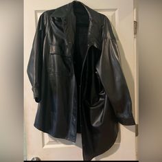 Old Navy Faux Leather Jacket In Size 3x - Has An Oversized Fit And Snap Closures Nwot Black Faux Leather Button-up Outerwear, Oversized Faux Leather Winter Outerwear, Winter Oversized Faux Leather Outerwear, Oversized Long Sleeve Faux Leather Outerwear, Oversized Faux Leather Outerwear For Fall, Oversized Faux Leather Jacket For Fall, Oversized Outerwear For Winter Nights Out, Oversized Casual Faux Leather Outerwear, Casual Oversized Faux Leather Outerwear