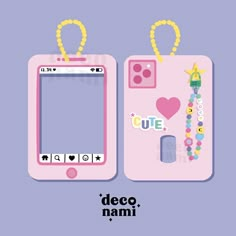 two pink cell phones sitting next to each other on top of a purple background with the words deco nami