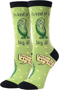 PRICES MAY VARY. PICKLE SOCKS: Women's pickle socks. At the top of these green socks has funny sayings "I'm kind of a big dill", and pickles closing eyes. PICKLE GIFTS: These dill pickle socks are a perfect gift for your grandma, mom,daughter, or granddaughter. MULTI-SIZE: Perfect for women's shoe sizes 6-12 and sock sizes 8-13. EXQUISITE COMFORT: Feel the difference with our socks, made from a premium mix of 80% cotton for breathability, 15% nylon for strength, and 5% spandex for stretch. FUN S Funny Letter Print Socks As Gift, Funny Letter Print Socks Gift, Cute Green Socks For Stocking Stuffers, Playful Green Socks For Gifts, Comfortable Green Socks As Gift, Comfortable Green Socks For Gifts, Comfortable Green Socks For Gift, Cute Green Socks For Gifts, Fun Cotton Socks For Gifts