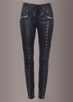 leather pants with studs Studded Leather Pants, Rockstar Fashion, Leather Moto Pants, Black Lace Choker Necklace, Goth Pants, Glitter Pants, Black Faux Leather Pants, Black Velvet Leggings, Badass Outfit