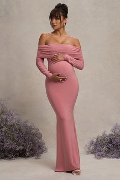 Pretty Perfect | Blush Pink Maternity Ruched Mesh Bardot Maxi Dress Maternity Maxi Dress With Ruched Detail, Pink Fitted Maternity Dress For Party, Ruched Maternity Maxi Dress, Pink Maxi Maternity Dress, Spring Party Maternity Dress With Ruched Details, Pink Ruched Maternity Dress, Pink Stretch Maternity Dress, Fitted Floor-length Maternity Party Dress, Pink Fitted Maternity Maxi Dress