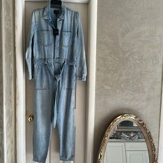 Joe’s Denim Jumpsuit Long Sleeve Belted Straight Legs Light Wash Light Wash Relaxed Fit Jumpsuit For Workwear, Light Wash Overall Jumpsuit For Work, Jumpsuit Long Sleeve, Jumpsuit Long, Denim Jumper, Velvet Leggings, Cotton Romper, Bootcut Pants, Velvet Pants