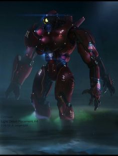 an animated image of a giant robot with glowing eyes and arms, standing in the dark