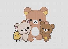 three teddy bears are sitting next to each other on a white background, with one bear holding the other's head