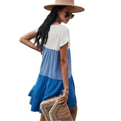 Blue Three Colorblock Ruffle Mini Dress Blue Color Block Summer Dress, Blue Casual Ruffle Dress For Vacation, Casual Blue Ruffle Dress For Vacation, Blue Color Block Short Sleeve Dress, Casual Blue Ruffle Beach Dress, Casual Blue Ruffle Dress For Beach, Casual Blue Ruffle Dress With Ruffle Hem, Blue Ruffle Hem Dress For The Beach, Blue Ruffle Hem Dress For Beach