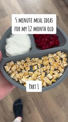 a person holding a plate with food in it and the words 5 minute meal ideas for my 12 month old part 1