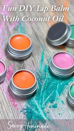 I just love this fun diy lip balm with coconut oil. I think the colors are great & I can imagine these sitting beautifully next to other products in a skin care hamper. Easy Diy Lip Balm, Diy Chapstick, Grape Lip Balm, Coconut Oil For Lips, Coconut Oil Lip Balm, Homemade Lip Balm Recipe, Diy Body Scrub Recipes, Diy Lip Balm Recipes, Green Lips