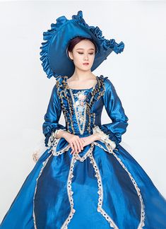 Blue 18th Century Rococo Baroque Marie Antoinette Dresses Medieval Renaissance Historical Period Ball Gown     Condition: Brand New   Color:  As Picture   Material: Satins And Lace   Silhouette: Ball Gown   Sleeve Length: Full Sleeve   Dresses Length:Floor-Length   Neckline: Square Collar   Decoration: Lace   Style: Vintage     Includes: Dress + Hat Elegant Blue Medieval Dress, Elegant Fitted Blue Medieval Dress, Blue Regency Style Victorian Dress, Fitted Gothic Medieval Dress In Blue, Fitted Blue Gothic Medieval Dress, Blue Fitted Gothic Medieval Dress, Blue Regency Style Victorian Costume Dress, Royal Long Sleeve Costume Dresses, Blue Vintage Victorian Dress With Baroque Style