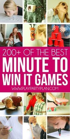 several pictures with the words, 200 + of the best minute to win it games