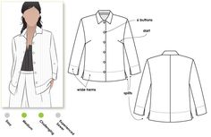 the sewing pattern for a women's shirt and jacket with buttons on the front