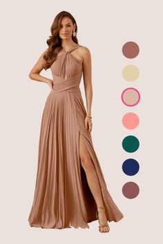 a woman in a long dress standing next to color swatches and the colors shown below her