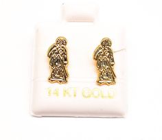 Santa Muerte Authentic Real 14k gold earrings safety screw backs and hand made high polish. 14k Gold Screw Back Jewelry, 14k Yellow Gold Screw Back Earrings, 14k Yellow Gold Earrings With Screw Back, Screw Back Earrings, Gold Earrings, Screw, Angeles, Jewelry Earrings, Hand Made