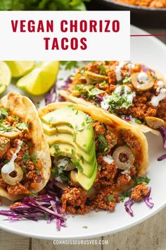 vegan chorizo tacos on a white plate with lime wedges